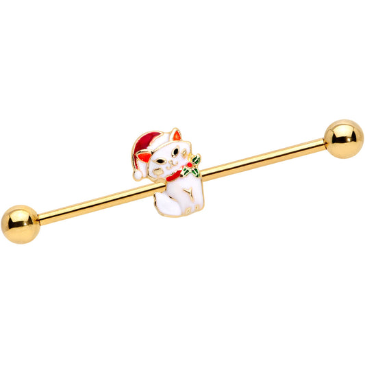 14 Gauge Gold Tone Cat Santa Hat Christmas Industrial Barbell 38mm