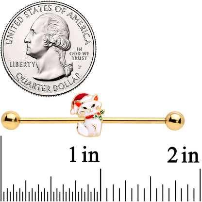 14 Gauge Gold Tone Cat Santa Hat Christmas Industrial Barbell 38mm