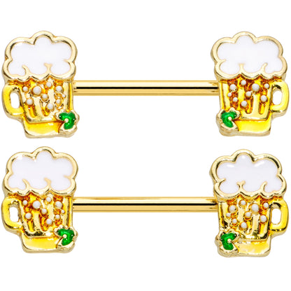 14 Gauge 9/16 Gold Tone Beer Mug St Patricks Day Nipple Ring Set