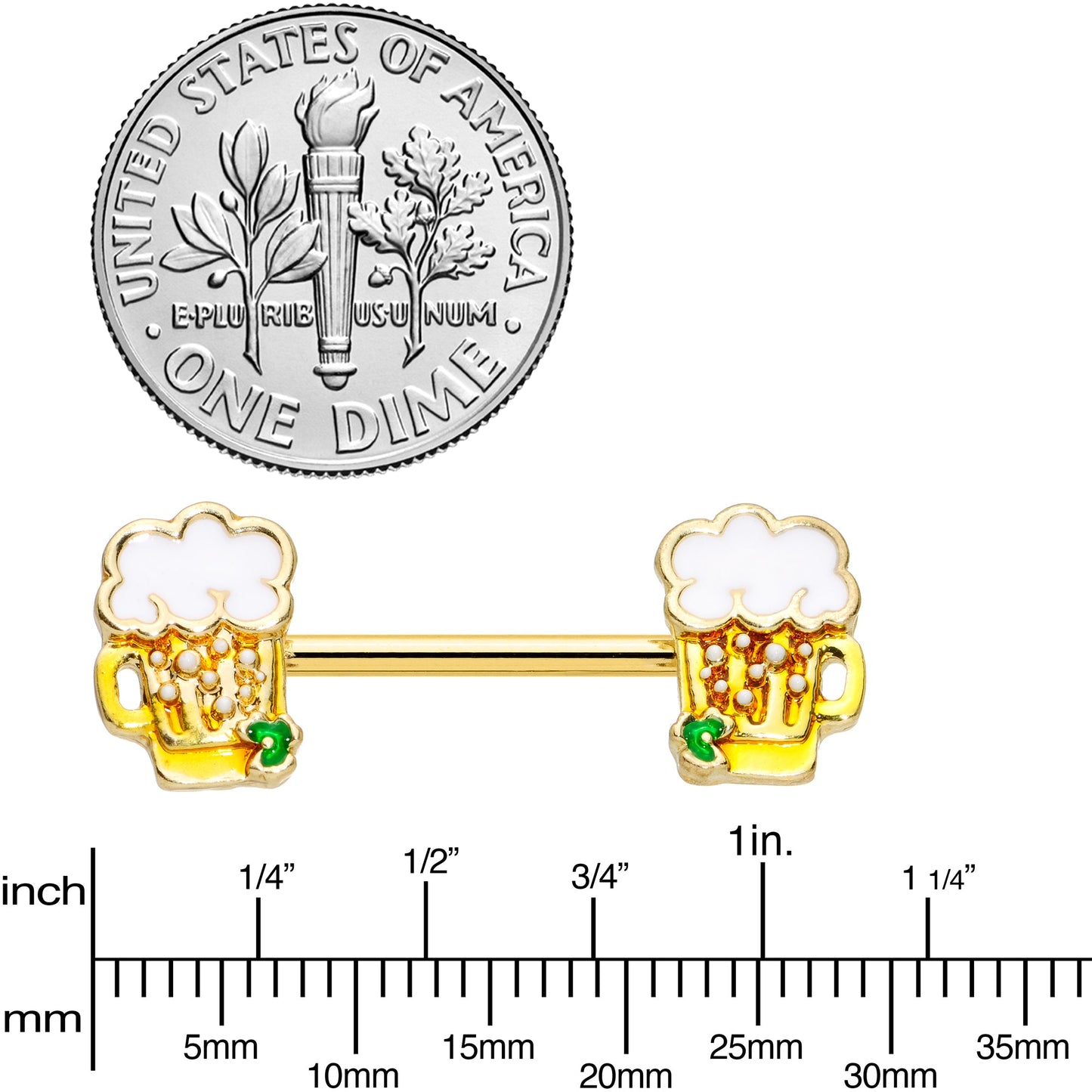 14 Gauge 9/16 Gold Tone Beer Mug St Patricks Day Nipple Ring Set