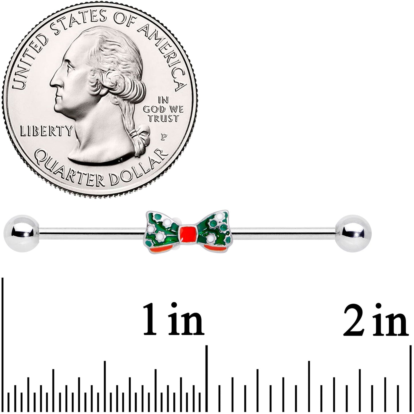 14 Gauge Green Red White Bow Christmas Industrial Barbell 38mm