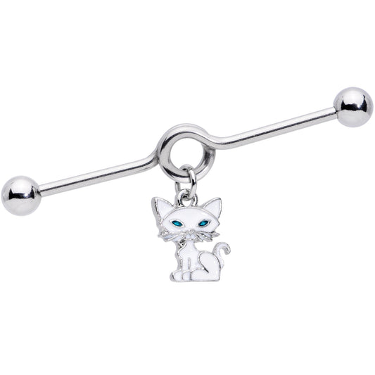 14 Gauge Blue Eyed White Cat Dangle Project Barbell 38mm