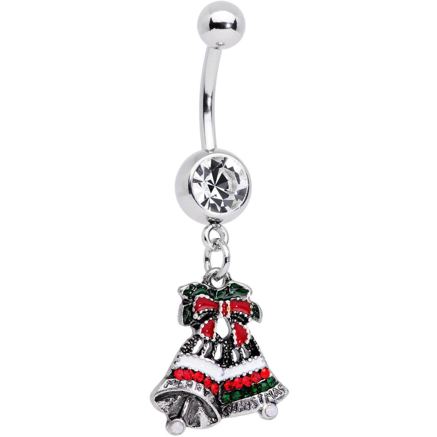 Clear Gem Red White Green Bells Christmas Dangle Belly Ring