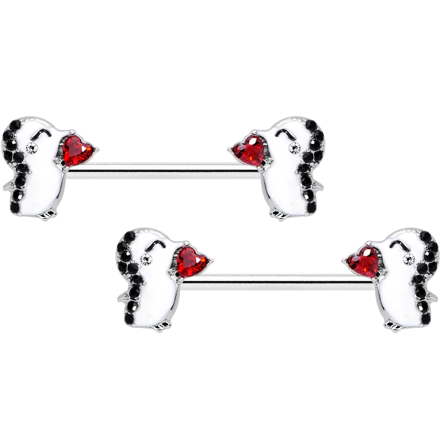 14 Gauge 5/8 Red Gem Penguin Heart Valentine Barbell Nipple Ring Set