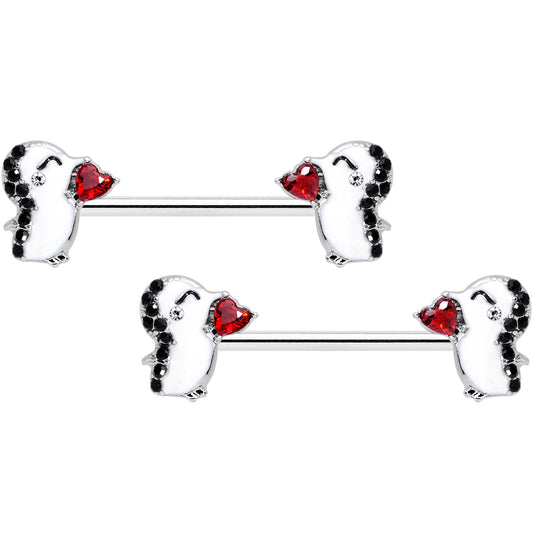 14 Gauge 5/8 Red Gem Penguin Heart Valentine Barbell Nipple Ring Set