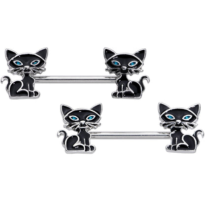 14 Gauge 9/16 Blue Eyed Black Cat Barbell Nipple Ring Set