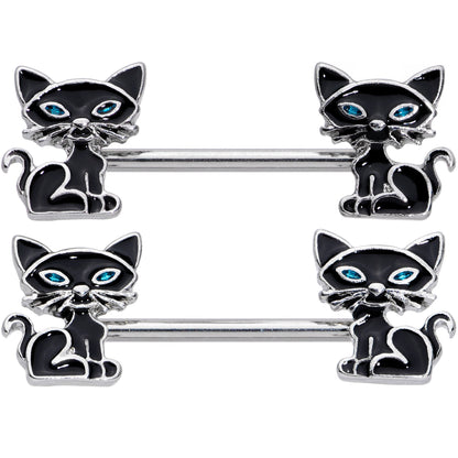 14 Gauge 9/16 Blue Eyed Black Cat Barbell Nipple Ring Set