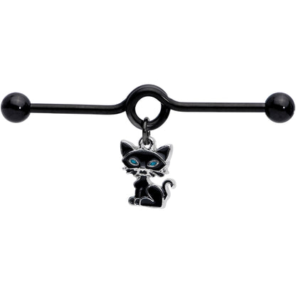 14 Gauge Black Blue Eyed Black Cat Dangle Project Barbell 38mm