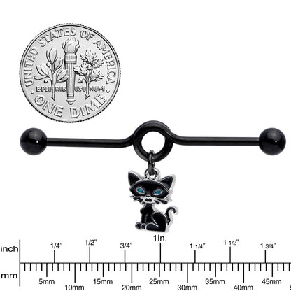 14 Gauge Black Blue Eyed Black Cat Dangle Project Barbell 38mm