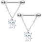 14 Gauge 9/16 Blue Eyed White Cat Dangle Barbell Nipple Ring Set