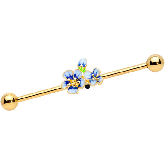 14 Gauge Gold Tone White Blue Flower Industrial Barbell 38mm