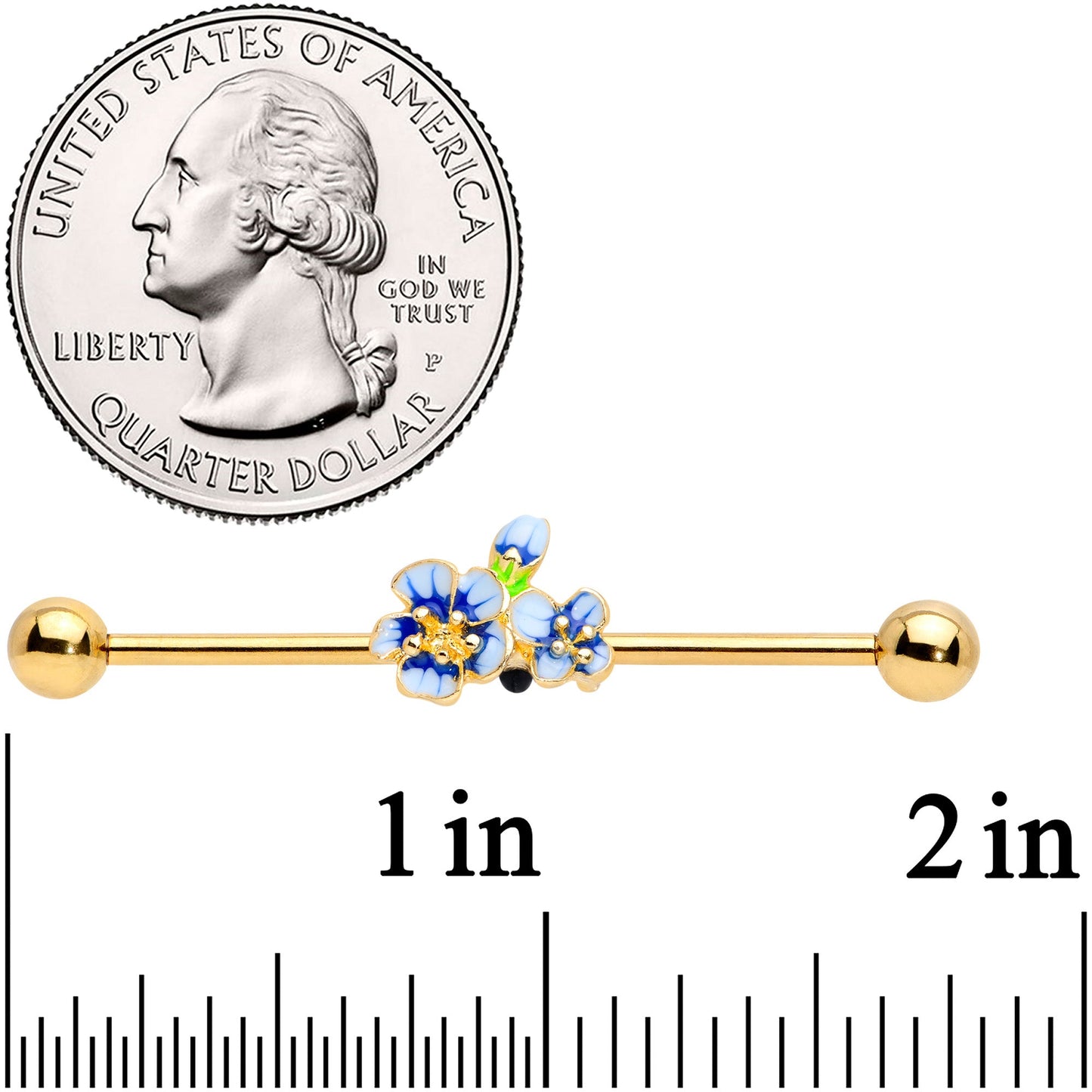 14 Gauge Gold Tone White Blue Flower Industrial Barbell 38mm