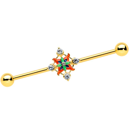 14 Gauge Clear CZ Gem Gold Tone Color Crest Industrial Barbell 38mm