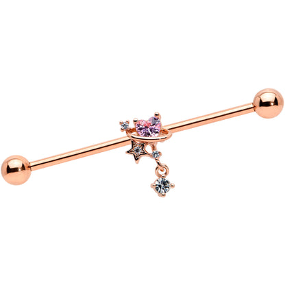 14 Gauge Pink Gem Rose Gold Tone Star Dangle Industrial Barbell 38mm