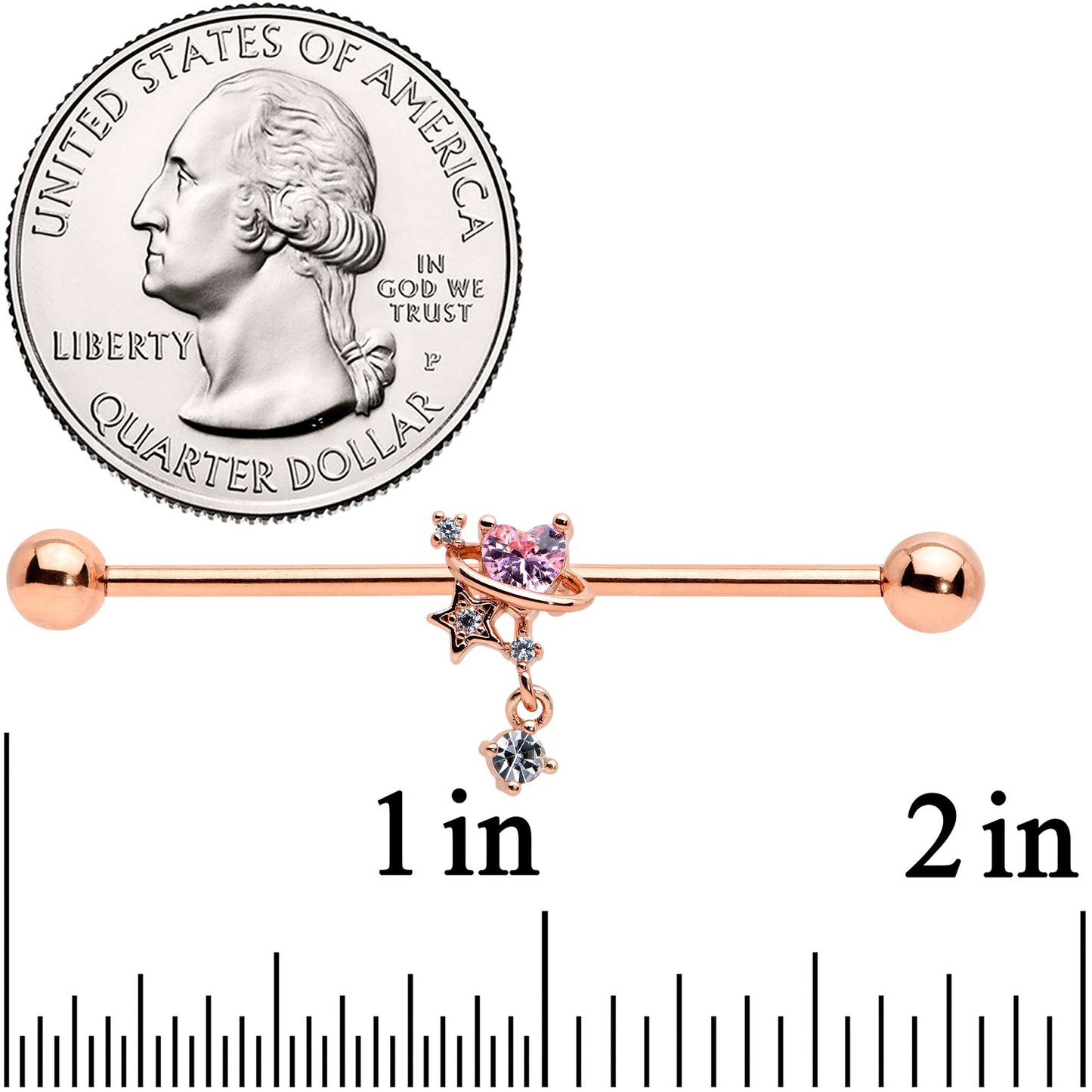 14 Gauge Pink Gem Rose Gold Tone Star Dangle Industrial Barbell 38mm