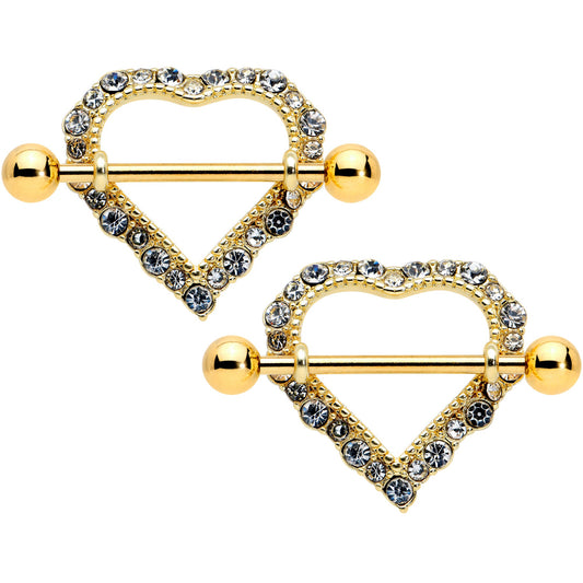 14 Gauge 9/16 Clear Gem Gold Tone Heart Valentines Nipple Shield Set