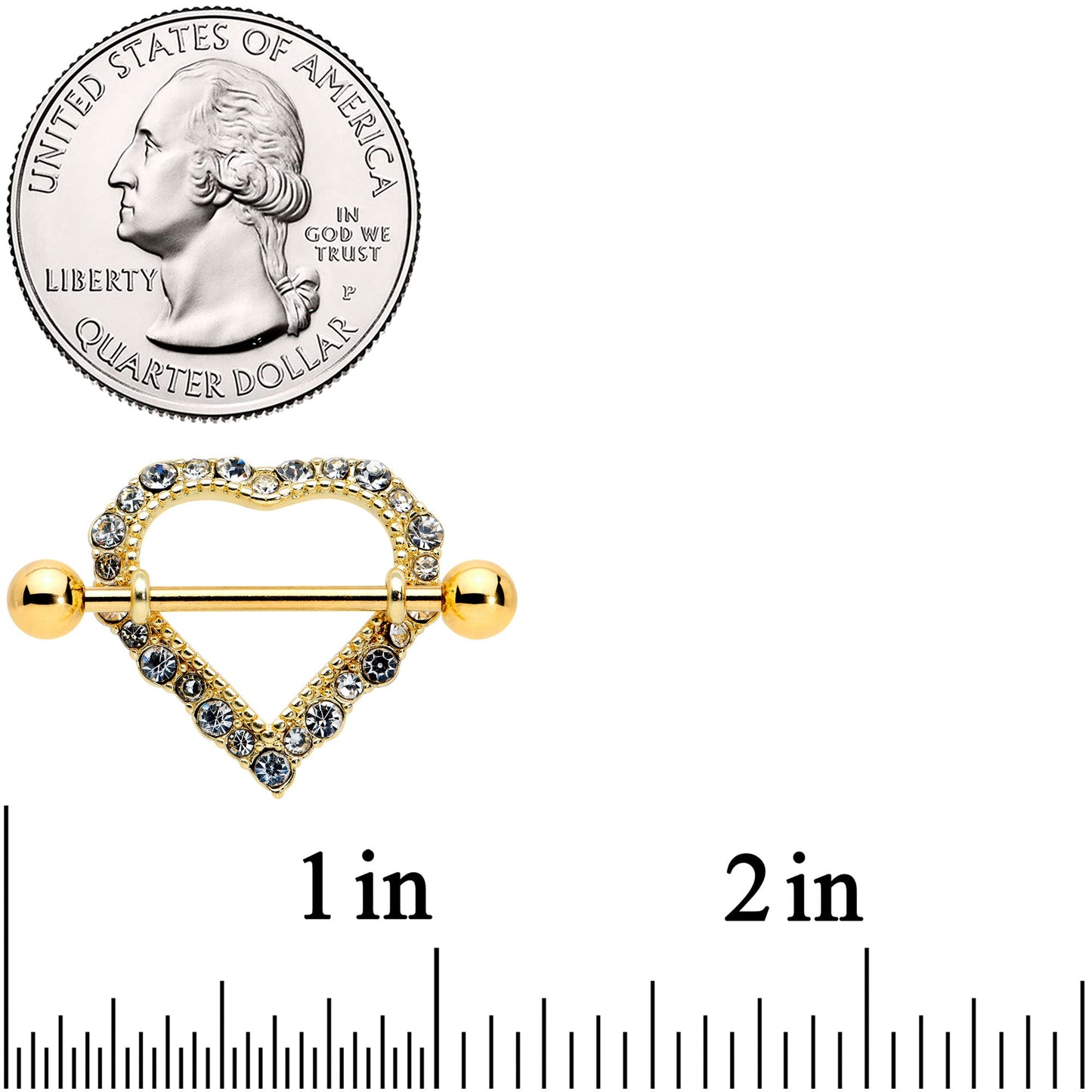 14 Gauge 9/16 Clear Gem Gold Tone Heart Valentines Nipple Shield Set