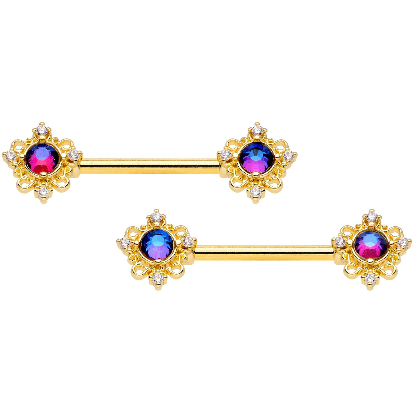 14 Gauge 9/16 Purple Tourmaline Gold Tone Filigree Nipple Ring Set