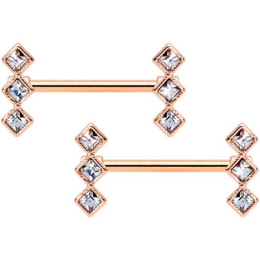 14 Gauge 9/16 Clear Gem Rose Gold Tone Triple Rhombus Nipple Ring Set