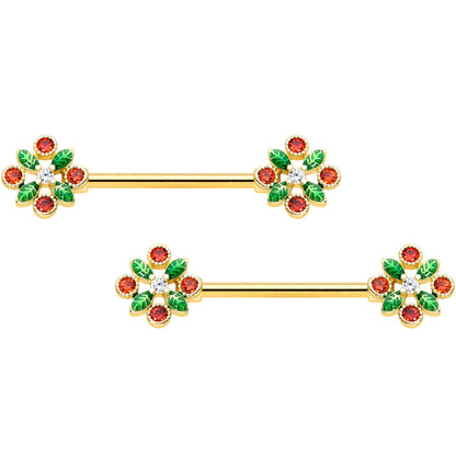 14 Gauge 5/8 Red Gem Gold Tone Crest Christmas Barbell Nipple Ring Set