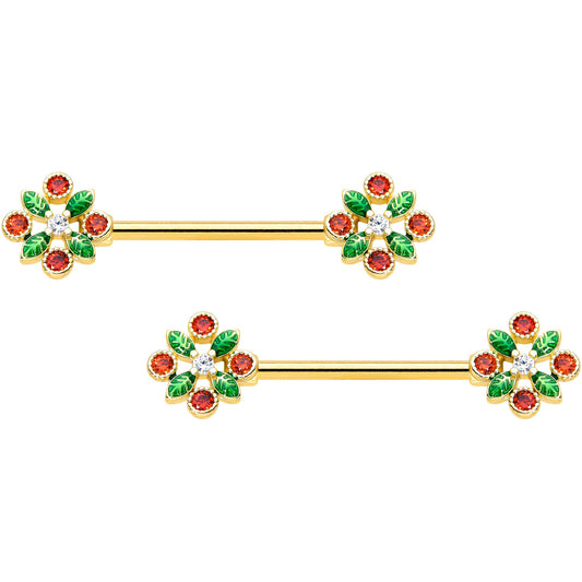 14 Gauge 5/8 Red Gem Gold Tone Crest Christmas Barbell Nipple Ring Set