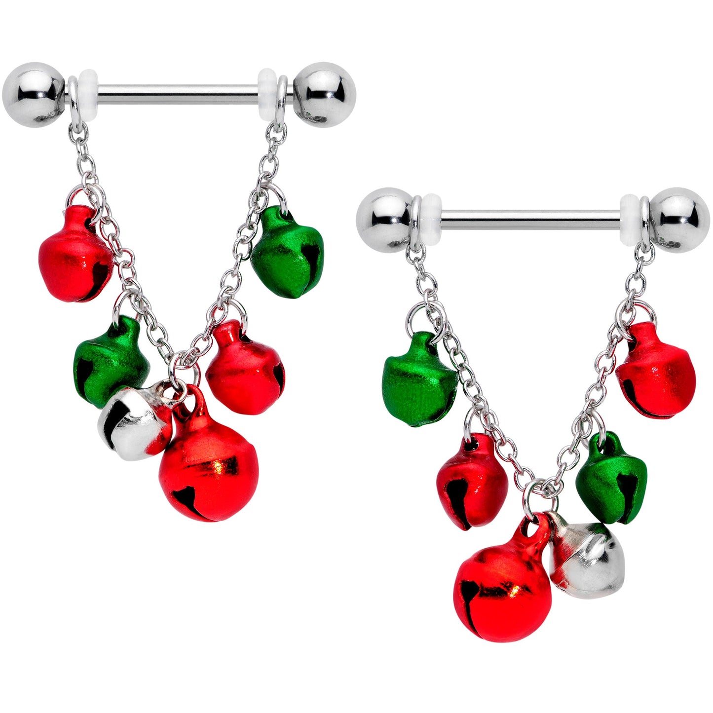 14 Gauge 5/8 Red Green Bell Christmas Chain Dangle Nipple Ring Set