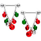 14 Gauge 5/8 Red Green Bell Christmas Chain Dangle Nipple Ring Set