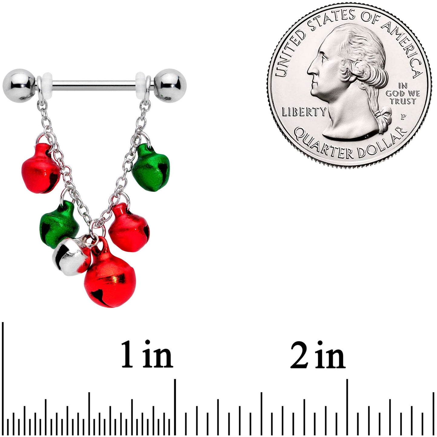 14 Gauge 5/8 Red Green Bell Christmas Chain Dangle Nipple Ring Set