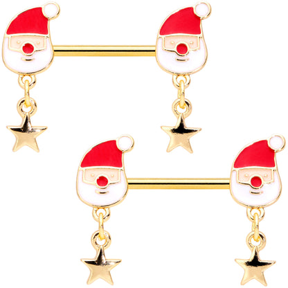 14 Gauge 9/16 Gold Tone Santa Star Christmas Dangle Nipple Ring Set