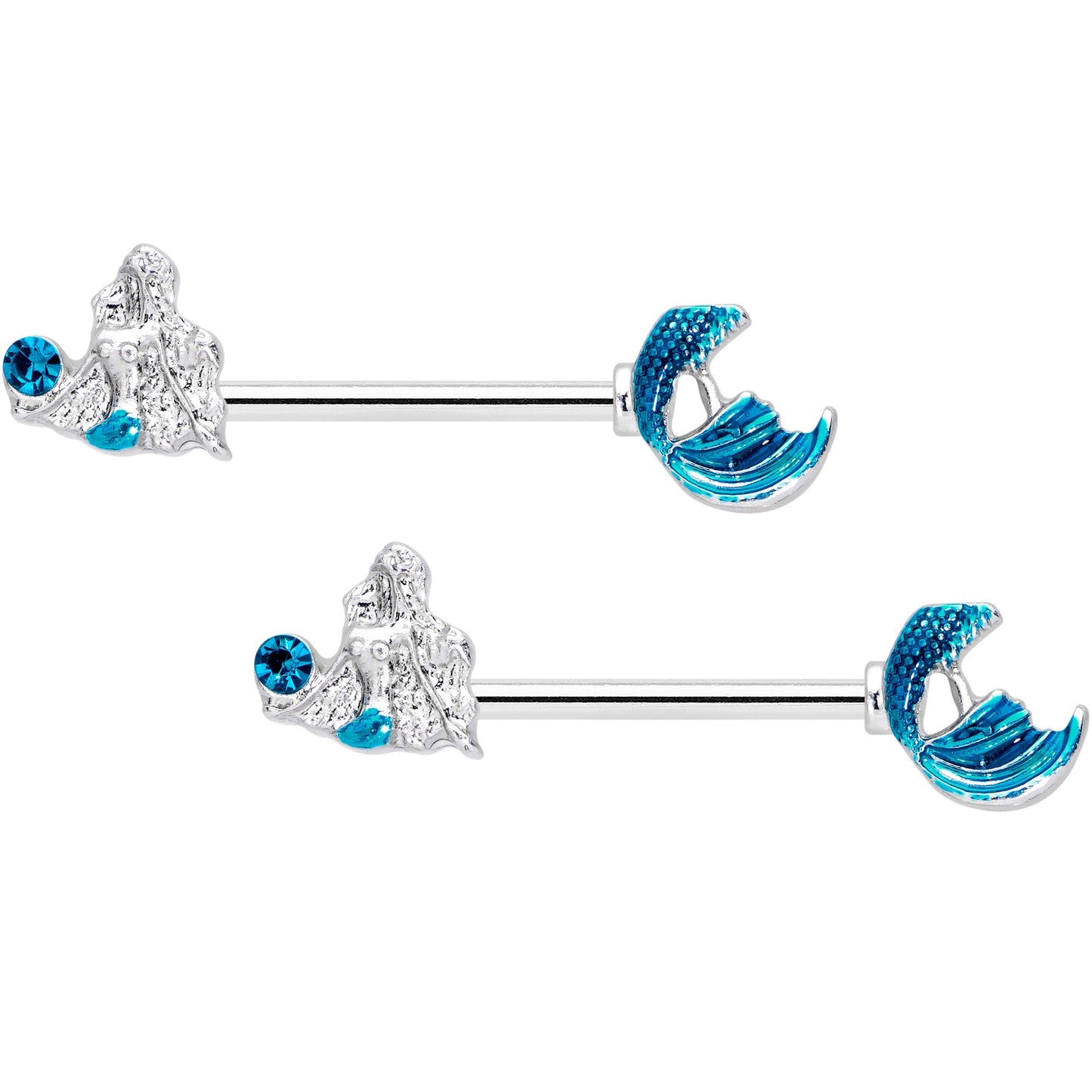 14 Gauge 9/16 Aqua Gem Gazing Mermaids Barbell Nipple Ring Set