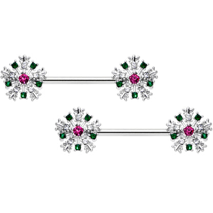 14 Gauge 9/16 Clear Pink Green Gem Snowflake Barbell Nipple Ring Set