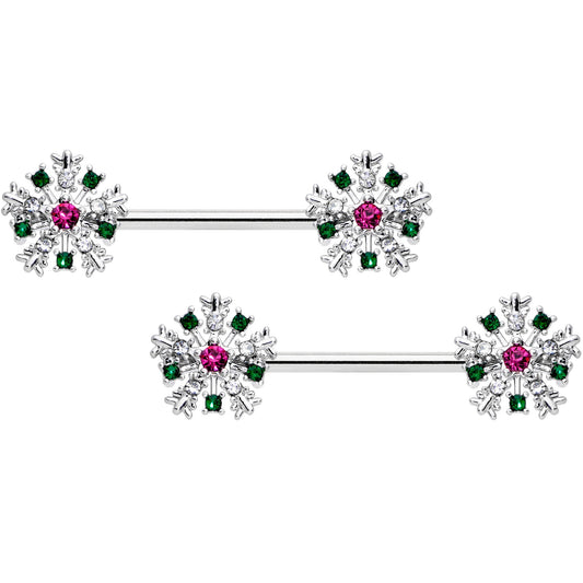 14 Gauge 9/16 Clear Pink Green Gem Snowflake Barbell Nipple Ring Set