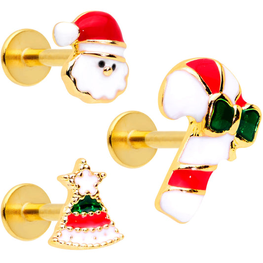 16 Gauge 5/16 Gold Tone Candy Cane Santa Tree Labret Tragus Set of 3