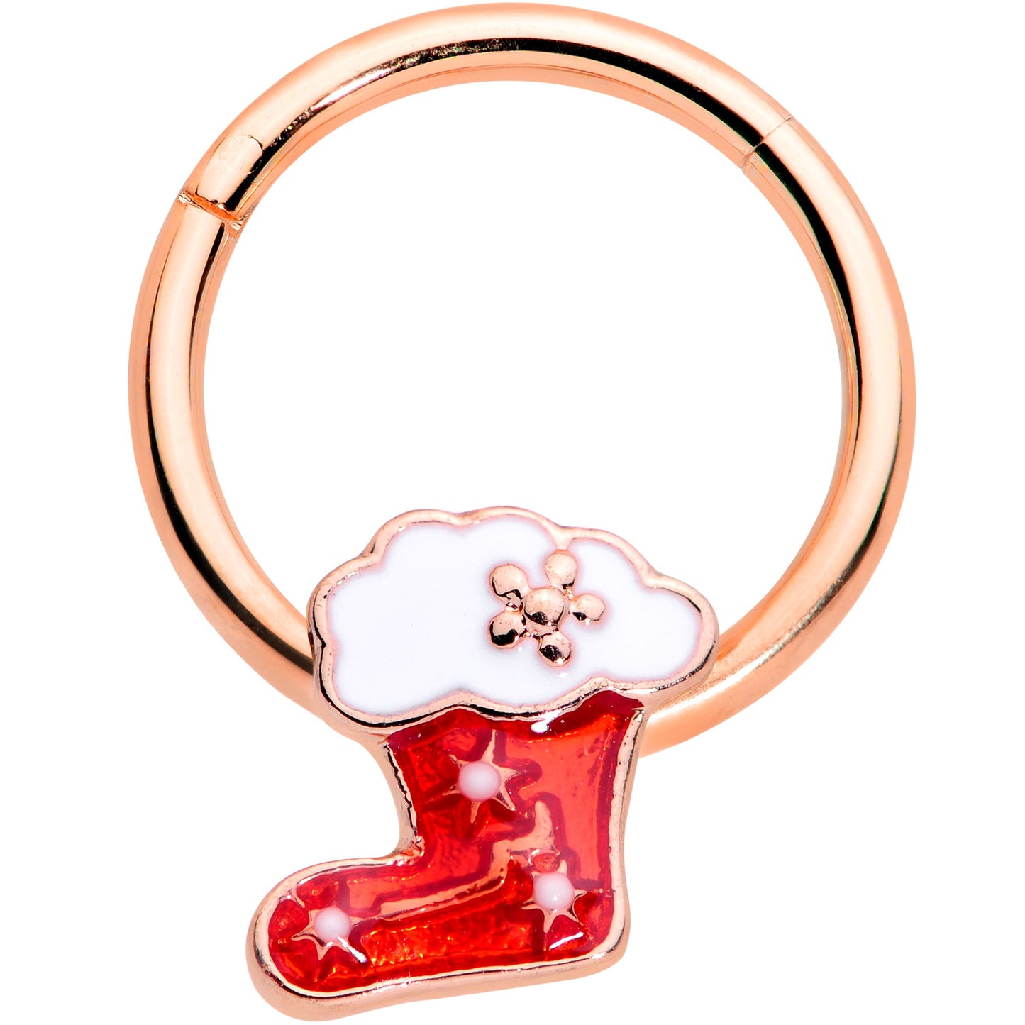 16 Gauge 3/8 Rose Gold Tone Red Christmas Stocking Hinged Segment Ring