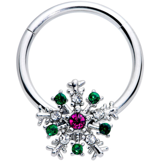 16 Gauge 3/8 Clear Green Pink Gem Snowflake Hinged Segment Ring