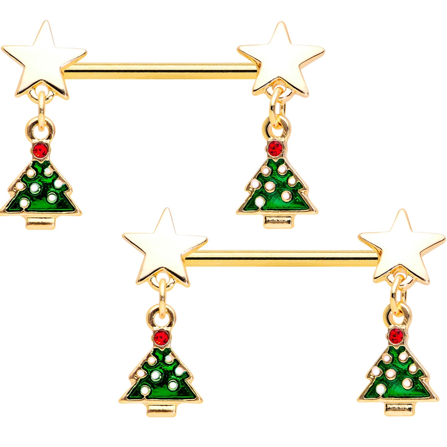 14 Gauge 9/16 Red Gem Gold Tone Star Christmas Tree Nipple Ring Set