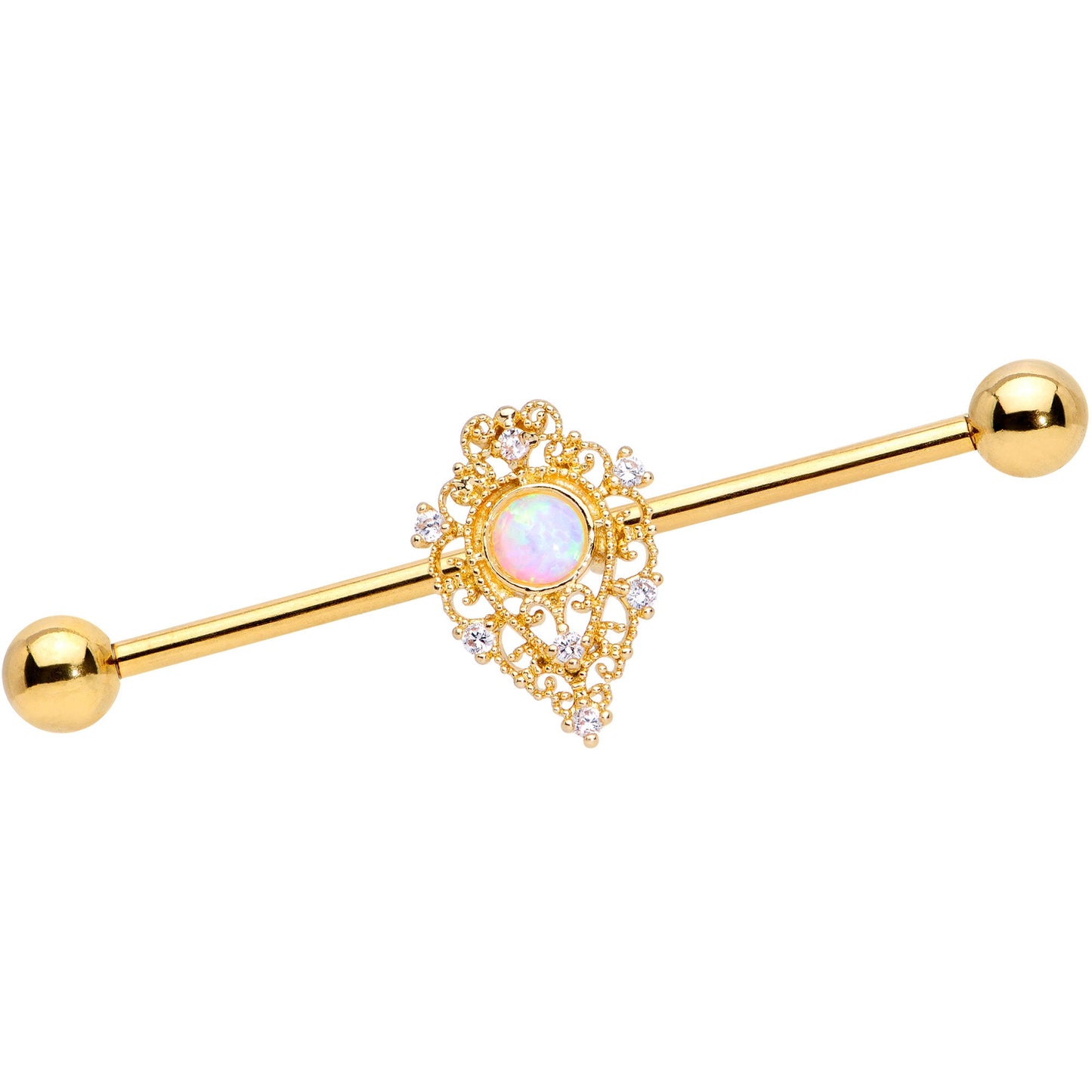 14 Gauge White Synthetic Opal Gold Tone Oval Industrial Barbell 38m