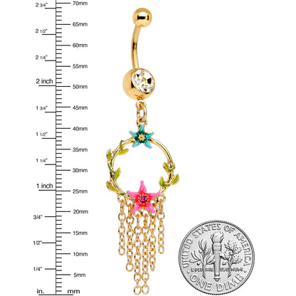 Clear Pink Gem Gold Tone Pink Blue Star Chain Dangle Belly Ring