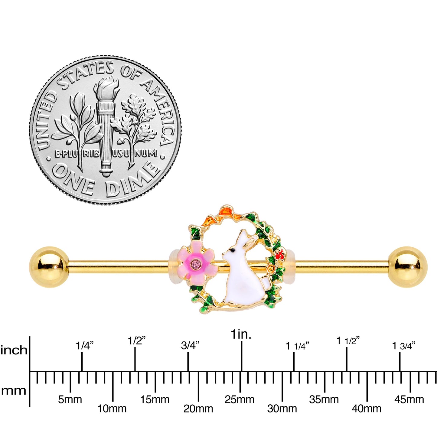 14 Gauge Clear Gem Gold Tone Bunny Flower Industrial Barbell 38mm