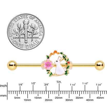 14 Gauge Clear Gem Gold Tone Bunny Flower Industrial Barbell 38mm