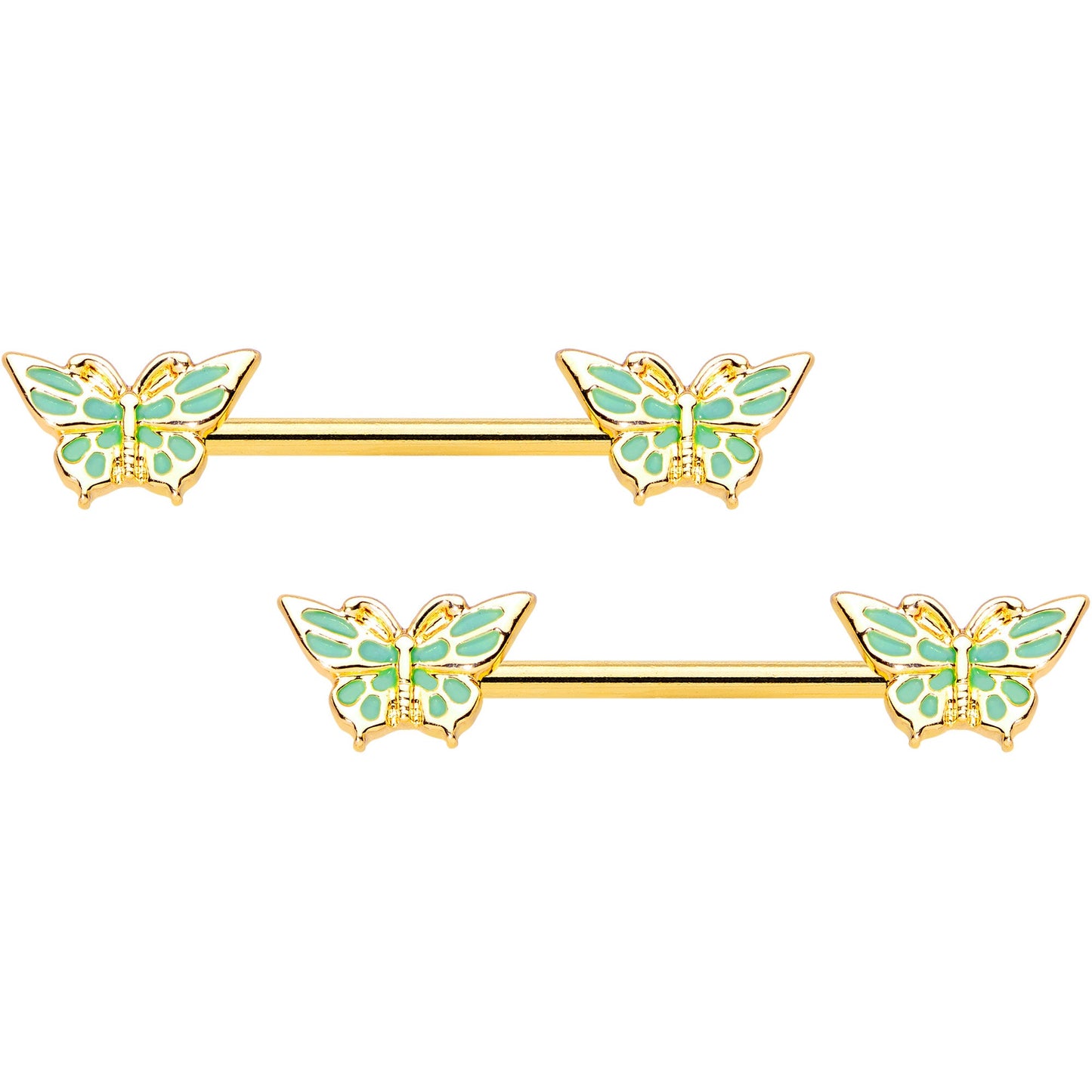 14 Gauge 9/16 Gold Tone Green Inlay Butterfly Barbell Nipple Ring Set