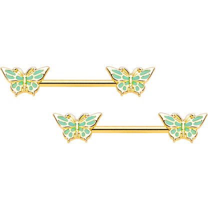 14 Gauge 9/16 Gold Tone Green Inlay Butterfly Barbell Nipple Ring Set