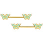 14 Gauge 9/16 Gold Tone Green Inlay Butterfly Barbell Nipple Ring Set