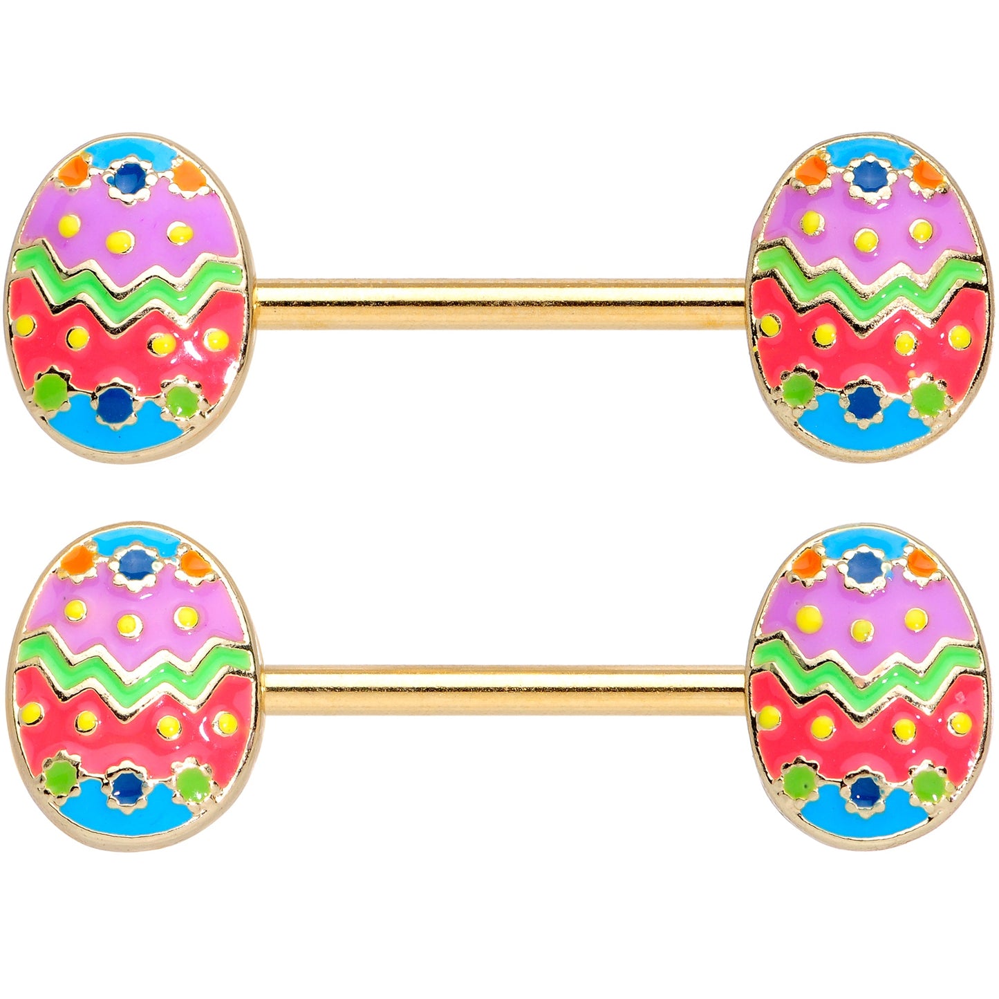 14 Gauge 9/16 Gold Tone Painted Easter Egg Barbell Nipple Ring Set