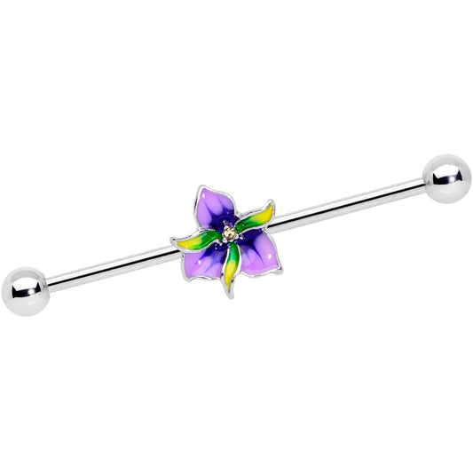 14 Gauge Clear Gem Exotic Purple Flower Industrial Barbell 38mm