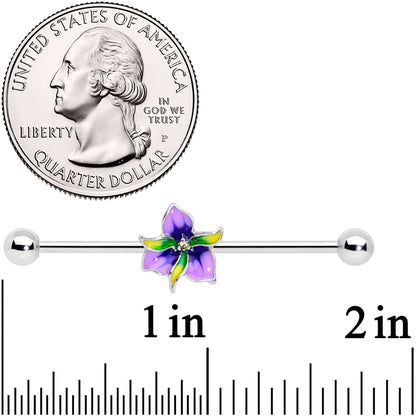 14 Gauge Clear Gem Exotic Purple Flower Industrial Barbell 38mm