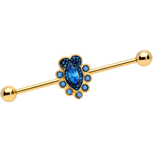 14 Gauge Blue Gem Gold Tone Opulent Oval Industrial Barbell 38mm