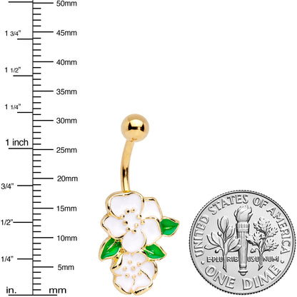 Gold Tone Green Leaf White Spring Flowers Belly Ring
