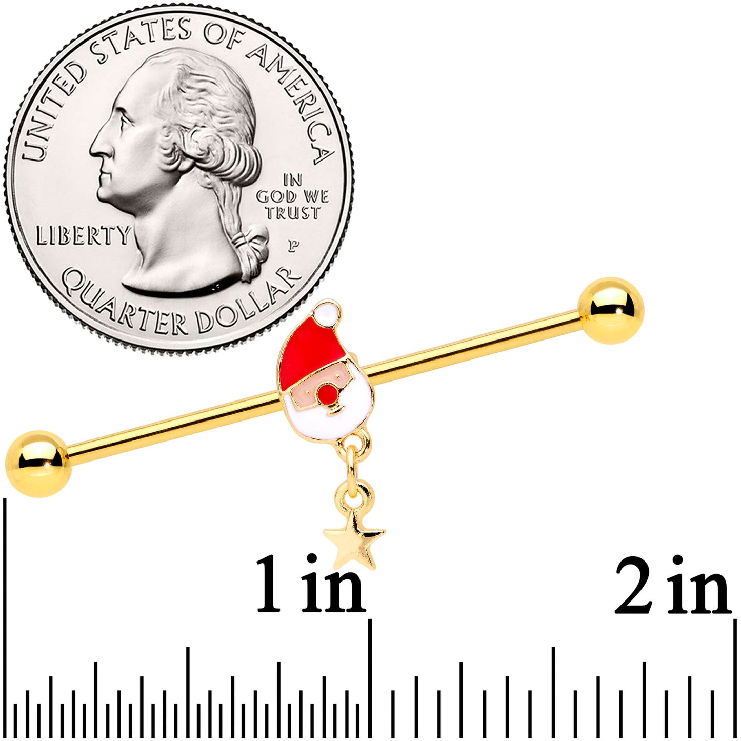 14 Gauge Gold Tone Santa Star Christmas Dangle Industrial Barbell 38mm