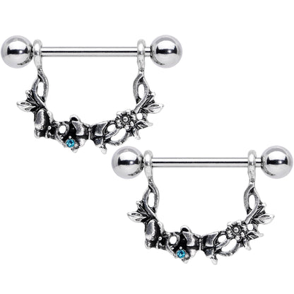 14 Gauge 9/16 Aqua Gem Abstract Bow Butterfly Dangle Nipple Ring Set